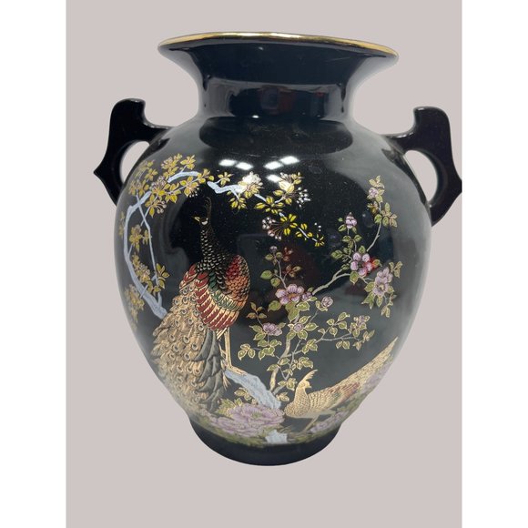 Kutani Japan Peacock and Peony Black Vase Signed Japan - Picture 1 of 4